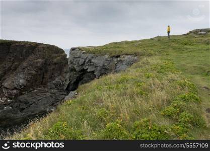 Hiker at coast, North Bird Island, Little Catalina, Bonavista Peninsula, Newfoundland And Labrador, Canada