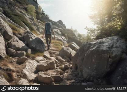 hiker climbing over rocky trail with backpack in view, created with generative ai. hiker climbing over rocky trail with backpack in view