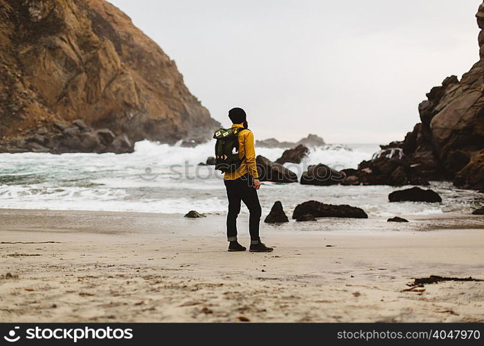 Hiker enjoying view on beach, Big Sur, California, USA