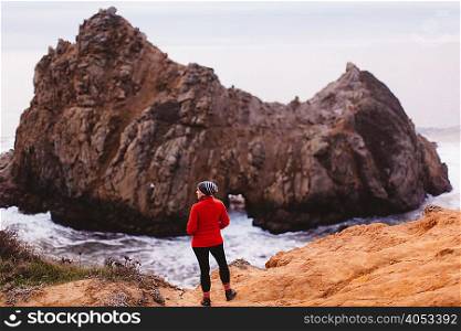 Hiker enjoying view on beach, Big Sur, California, USA