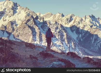 Hiker in Himalayas mountain. Nepal