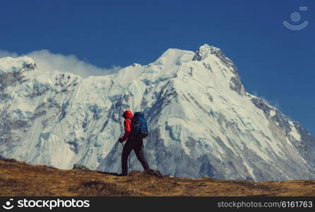 Hiker in Himalayas mountain. Nepal