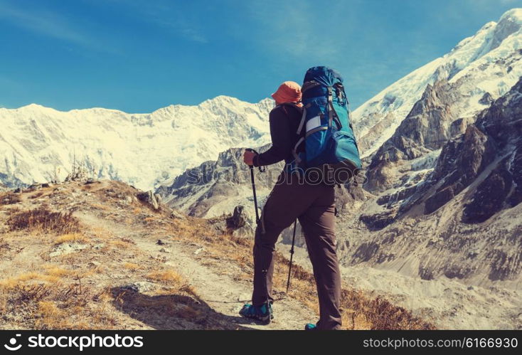 Hiker in Himalayas mountain. Nepal