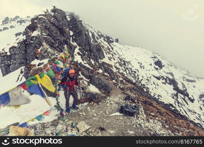 Hiker in Himalayas mountain. Nepal