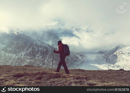 Hiker in Himalayas mountain. Nepal