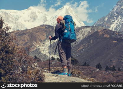 Hiker in Himalayas mountain. Nepal