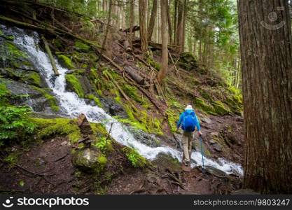 Hiker near  beautiful waterfall in Canadian mountains