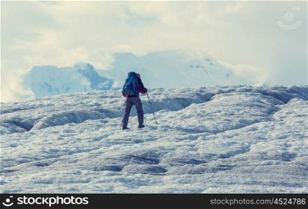 Hiker on Kennicott glacier, Wrangell-St. Elias National Park, Alaska