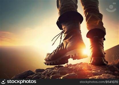 Hiker on the mountain, closeup on shoes, rear view, created with generative AI