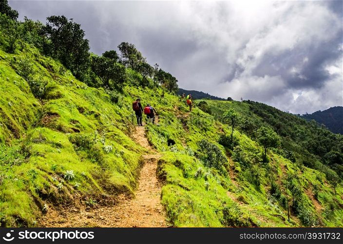 Hiker walking in mountains