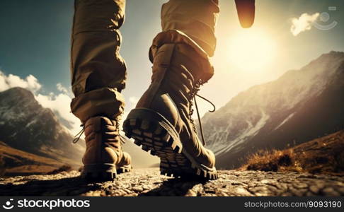 Hiker walking in mountains. Generative AI. High quality illustration. Hiker walking in mountains. Generative AI