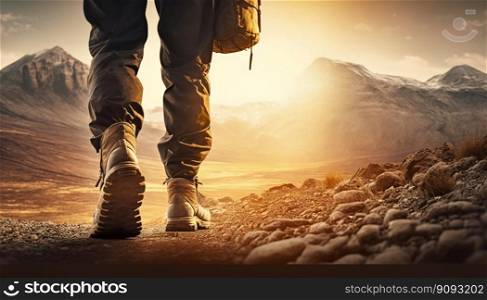 Hiker walking in mountains. Generative AI. High quality illustration. Hiker walking in mountains. Generative AI