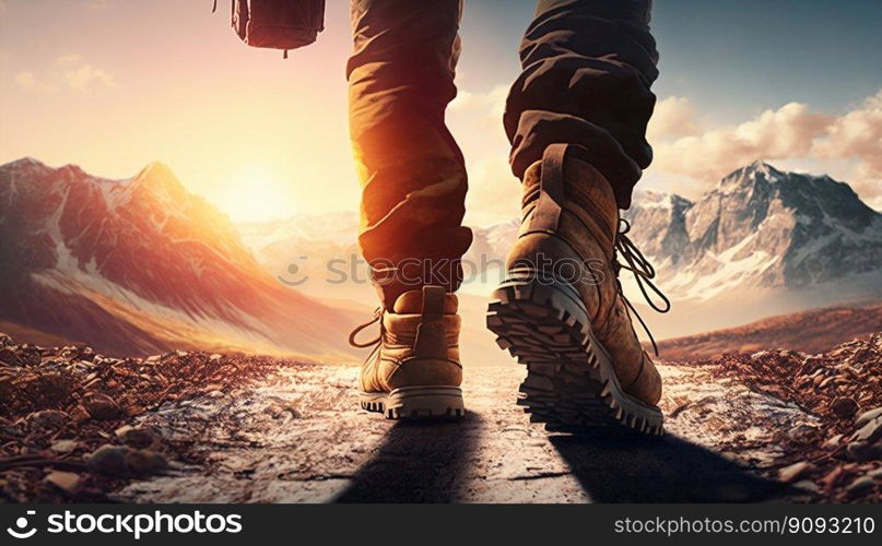 Hiker walking in mountains. Generative AI. High quality illustration. Hiker walking in mountains. Generative AI