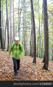 Hiker walks on a path in a woods. Raining day, fall season. Blur effect. Horizontal shape.