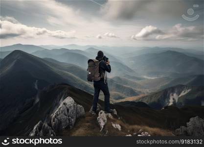 hiker, with backpack and camera, capturing stunning view of mountain range, created with generative ai. hiker, with backpack and camera, capturing stunning view of mountain range