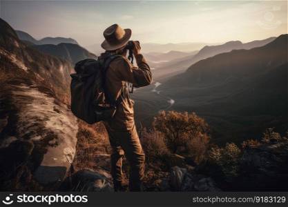 hiker, with backpack and camera, capturing the beauty of nature, created with generative ai. hiker, with backpack and camera, capturing the beauty of nature