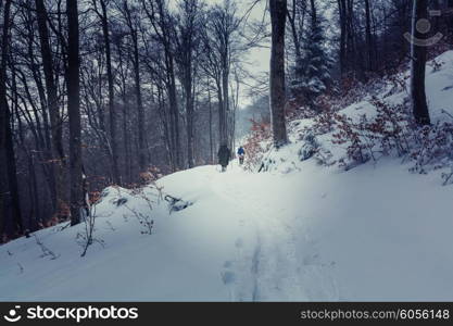 Hiker with snowshoes in winter