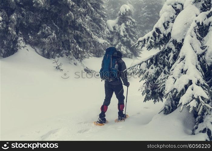 hiker with snowshoes in winter