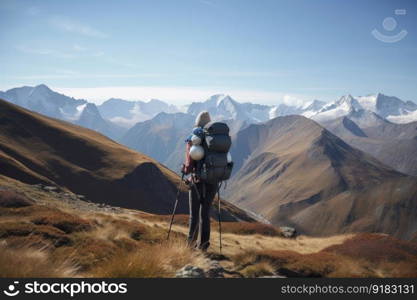 hiker, with view of snow-capped mountain range, wearing backpack and trekking poles, created with generative ai. hiker, with view of snow-capped mountain range, wearing backpack and trekking poles