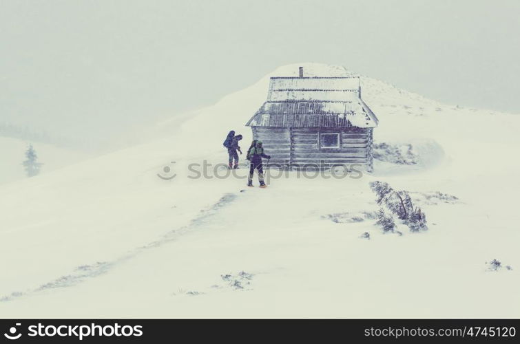 Hikers in the winter mountains