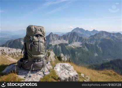 hiking backpack, with view of mountain range and clear blue sky, created with generative ai. hiking backpack, with view of mountain range and clear blue sky
