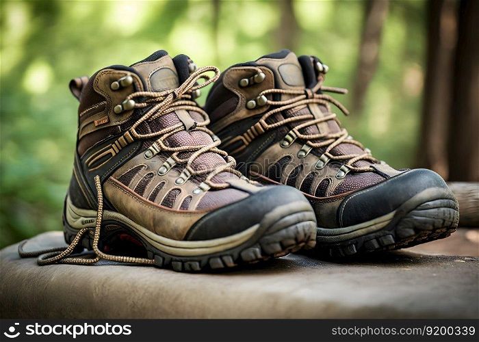 Hiking boots and beautiful natural landscape view. Neural network AI generated art. Hiking boots and beautiful natural landscape view. Neural network AI generated