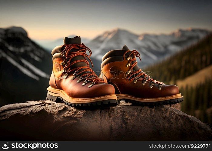 Hiking boots and beautiful natural landscape view. Neural network AI generated art. Hiking boots and beautiful natural landscape view. Neural network AI generated