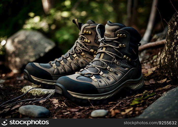 Hiking boots and beautiful natural landscape view. Neural network AI generated art. Hiking boots and beautiful natural landscape view. Neural network AI generated