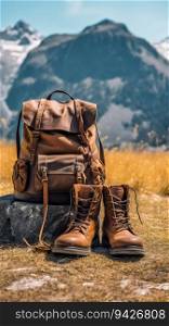 Hiking Boots Lying Next to a Backpack on a Mountain Trail Rock. Generative ai. High quality illustration. Hiking Boots Lying Next to a Backpack on a Mountain Trail Rock. Generative ai