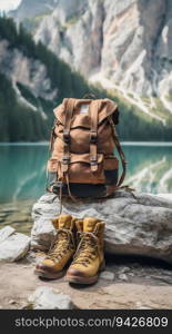 Hiking Boots Lying Next to a Backpack on a Mountain Trail Rock. Generative ai. High quality illustration. Hiking Boots Lying Next to a Backpack on a Mountain Trail Rock. Generative ai