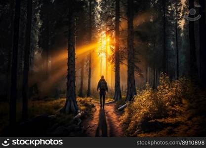 Hiking concept. Someone going walk among the forest in sunny rays, back view. Backlight. Activity tourism. Generative AI
