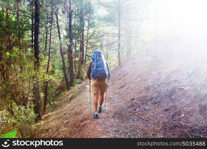 Hiking in famous Lycian Way in the Turkey. Backpacker in the trail.