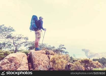 Hiking in famous Lycian Way in the Turkey. Backpacker in the trail.