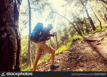 Hiking in famous Lycian Way in the Turkey. Backpacker in the trail.