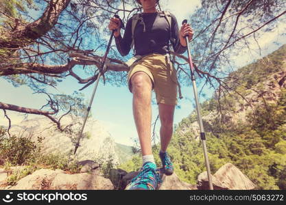 Hiking in famous Lycian Way in the Turkey. Backpacker in the trail.