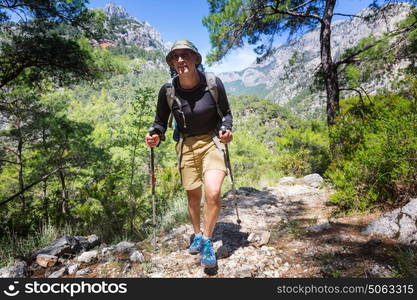 Hiking in famous Lycian Way in the Turkey. Backpacker in the trail.