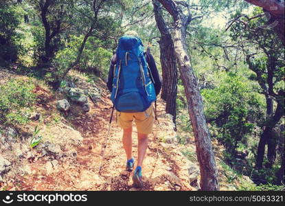 Hiking in famous Lycian Way in the Turkey. Backpacker in the trail.