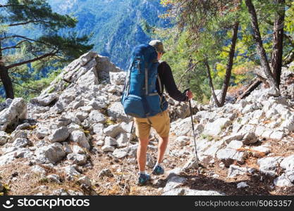 Hiking in famous Lycian Way in the Turkey. Backpacker in the trail.