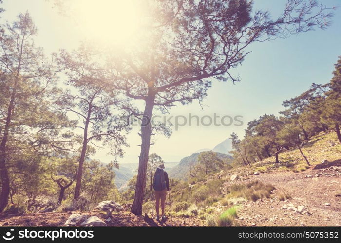 Hiking in famous Lycian Way in the Turkey. Backpacker in the trail.