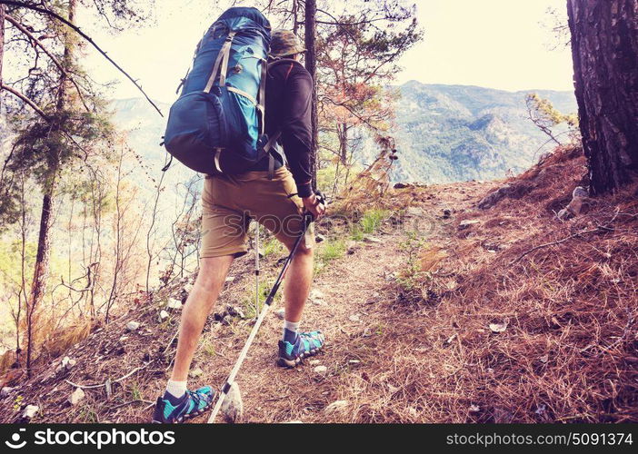 Hiking in famous Lycian Way in the Turkey. Backpacker in the trail.