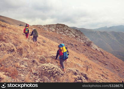 Hiking in green hills