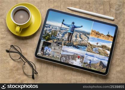 hiking in Rocky Mountains of northern Colorado, reviewing and editing a set of pictures featuring the same senior male hiker, flat lay with coffee and electronic pencil, all images copyright by the photographer
