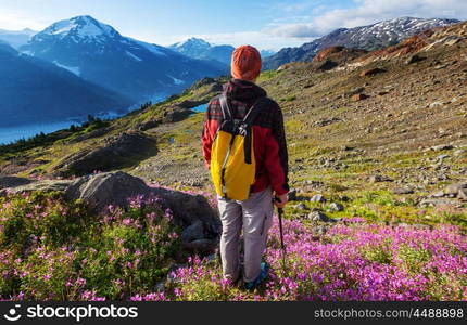 Hiking man in the mountains