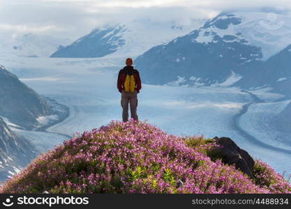 Hiking man in the mountains