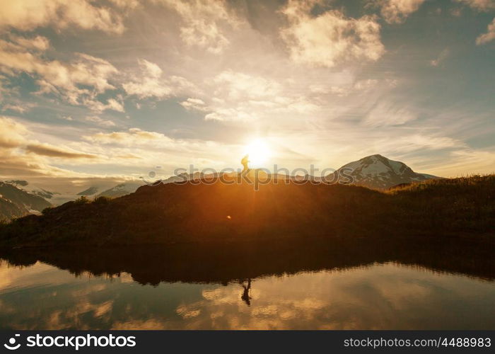 Hiking man in the mountains