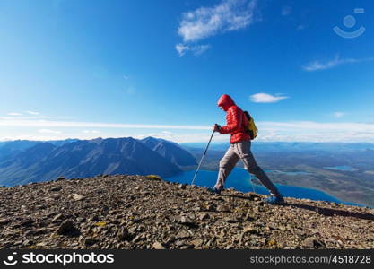 Hiking man in the mountains