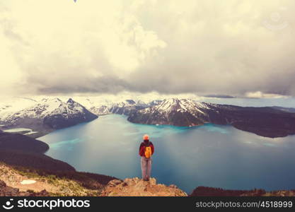 Hiking man in the mountains