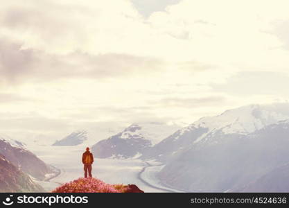 Hiking man in the mountains