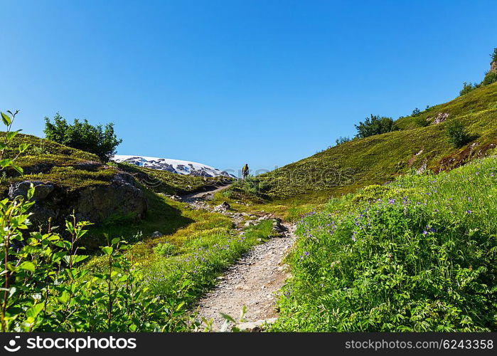 Hiking man in the mountains