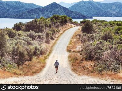 Hiking man in the mountains outdoor active lifestyle travel adventure vacations summertime. Hike concept
